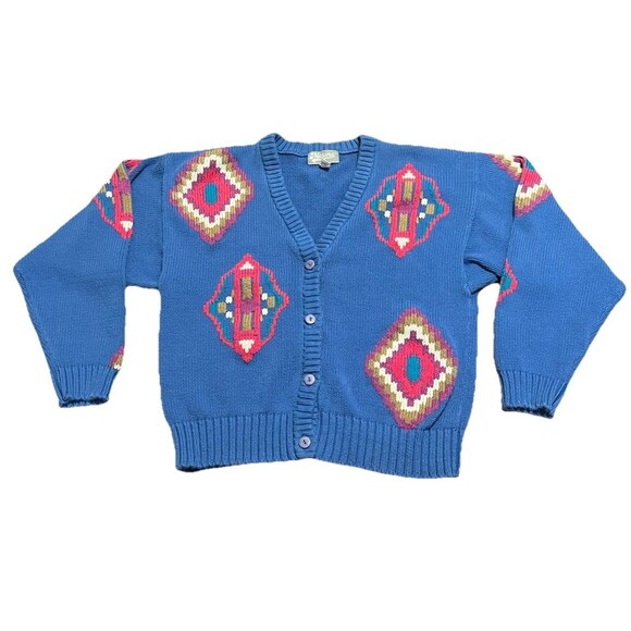 🔥 VINTAGE MERONA Y2K Intarsia Cardigan Folk Diamonds S GUC ! 🔥 - Picture 5 of 12